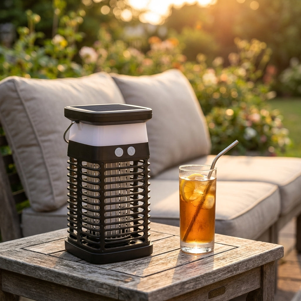 Swarmed solar bug zapper standing on a wooden patio side table at golden hour beside a glass of iced tea