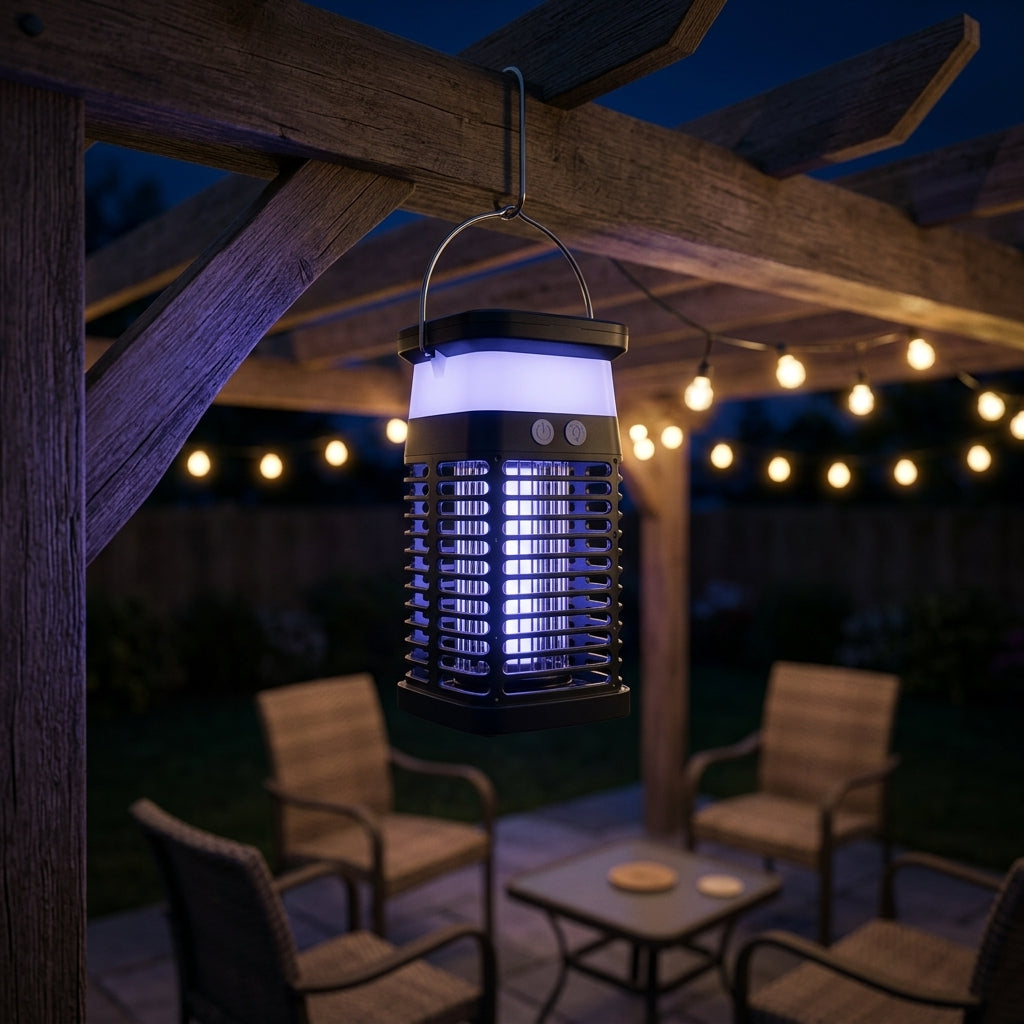 Swarmed bug zapper glowing violet at night, hanging from a pergola beam above patio chairs with string lights behind