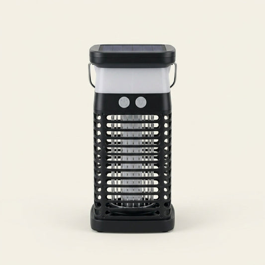 Swarmed solar-powered bug zapper — front view showing solar panel top, warm lantern band, control buttons, and shielded zapper grid