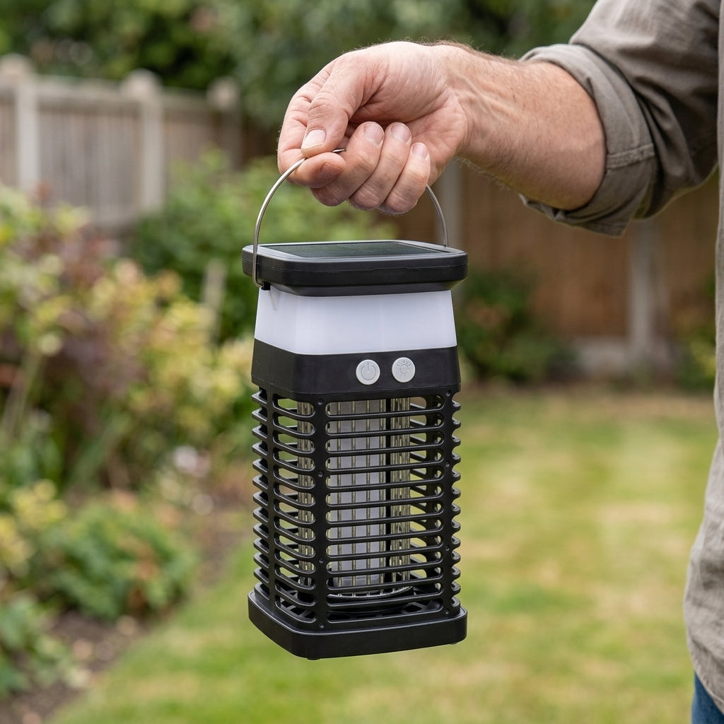 Hand holding the Swarmed bug zapper by its stainless carry hook in a backyard, showing its compact lantern size